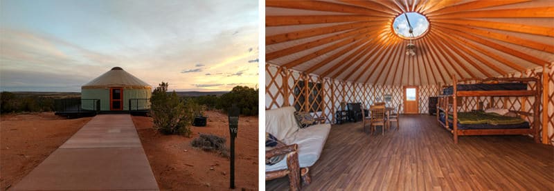 Yurt exterior and communal dining space