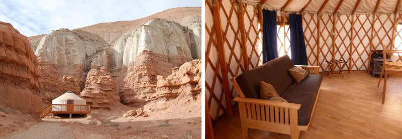 Yurt in a desert setting and seating inside