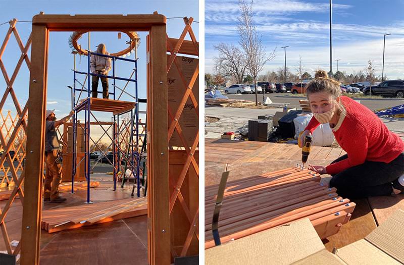 Worker assembling a wooden yurt doorway
