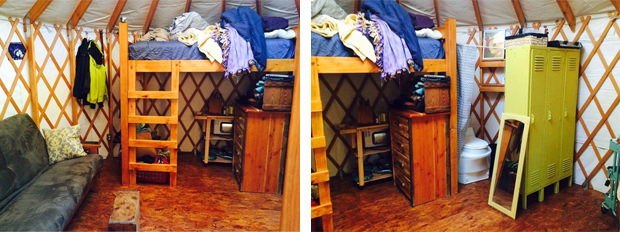 Kitchen and furniture inside a yurt