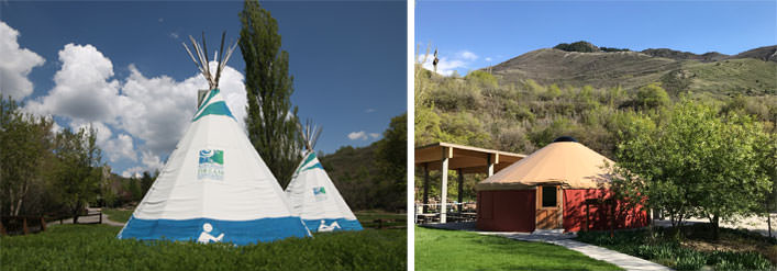 Painted tipi and yurt in an open landscape