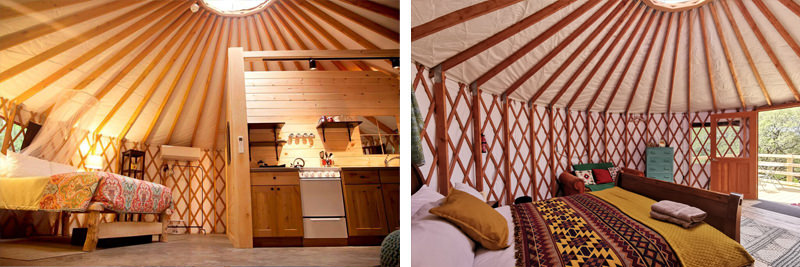 Furnished yurt interiors with kitchen and seating