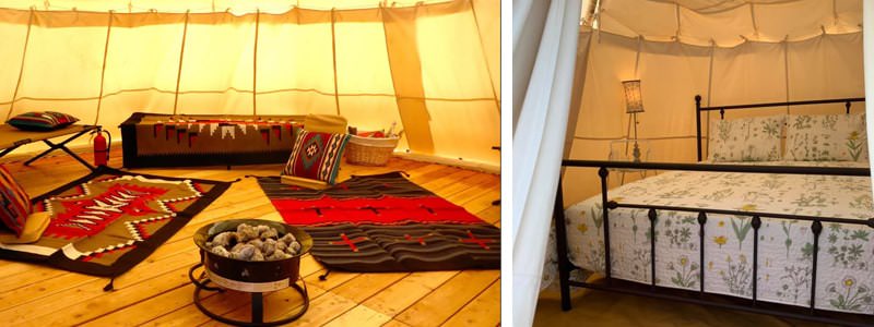 Colorful floor seating inside a tipi