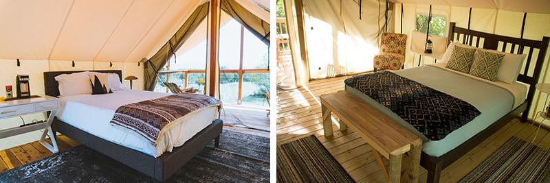 Glamping bedrooms inside canvas structures