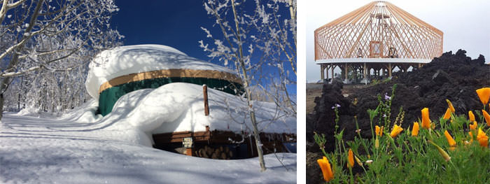 Snow-covered yurt and exposed wooden yurt frame