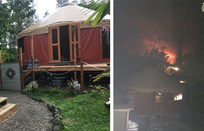 Exposed yurt frame and the same site during a fire