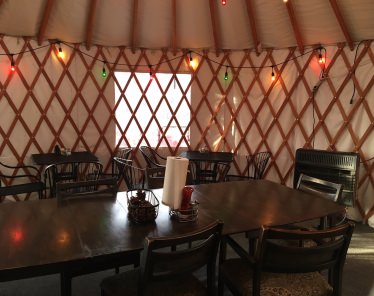 Dining area inside a yurt