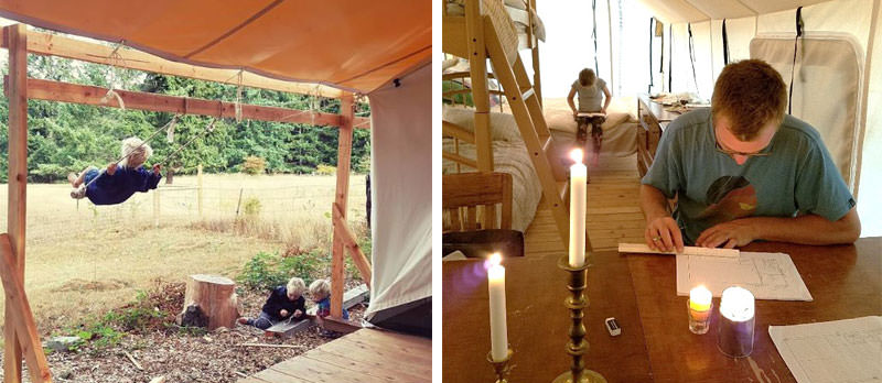 Tent doorway and person working inside