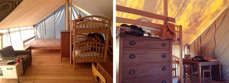 Kitchen and sleeping area inside a canvas tent