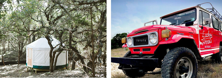 Yurt beneath trees and a red fire truck
