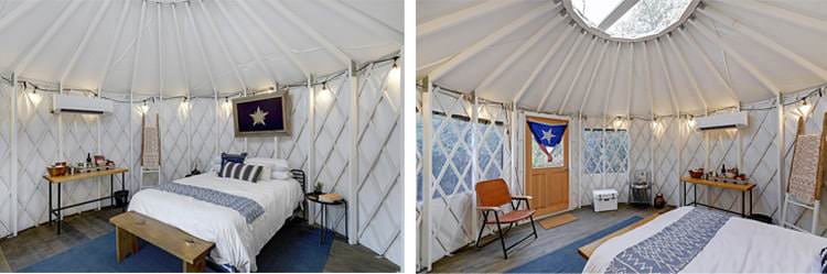 Two views of a furnished yurt bedroom