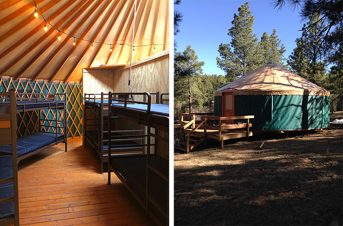 Yurt bedroom and exterior in woodland
