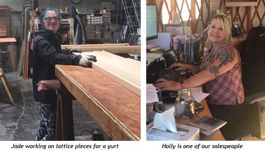 Craftspeople shaping wood and preparing fabric