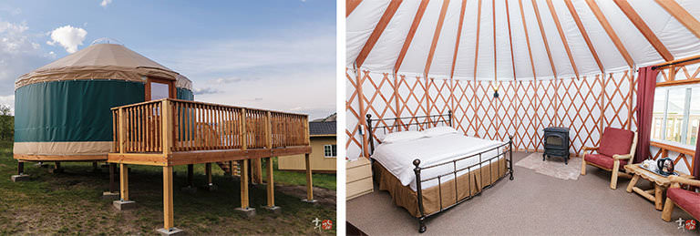 Raised yurt exterior and seating inside