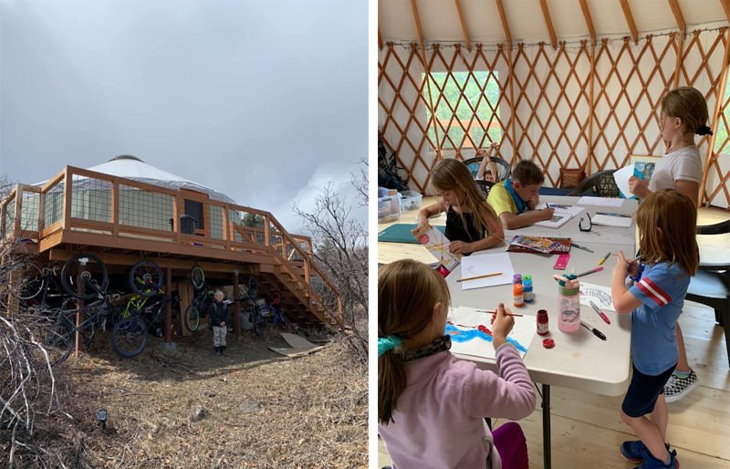 Elevated yurt deck and students in a yurt classroom
