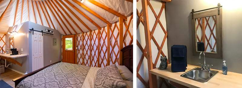 Two views of furnished yurt interiors